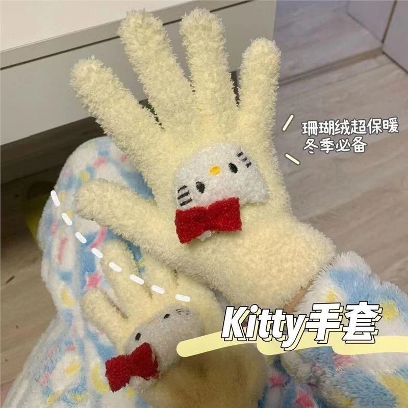 手套女冬季小红薯同款kitty保暖珊瑚绒加厚毛绒五指学生骑行手套