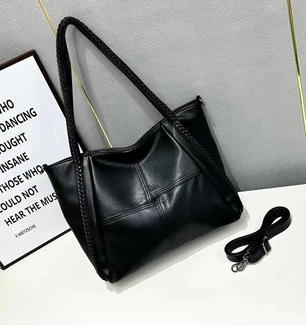 时尚百搭女士黑色简约托特包单肩斜挎手提包大容量腋下包5114