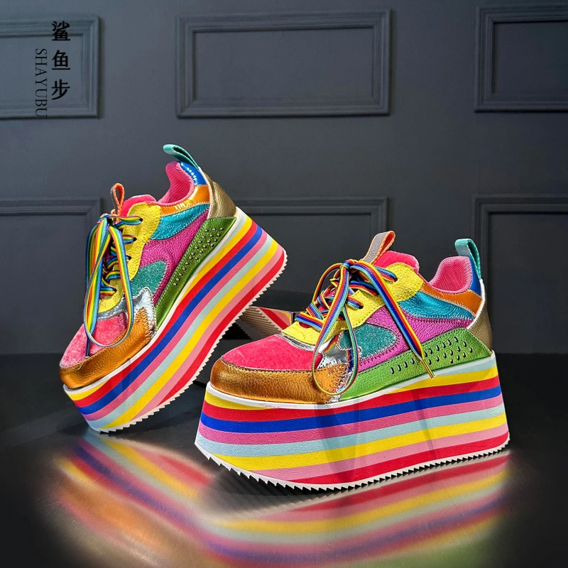 SHAYUBU彩虹色厚底松糕鞋女春秋季新款真皮百搭增高休闲运动单鞋