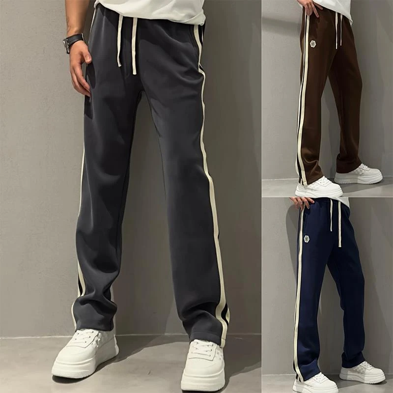 男士休闲裤秋冬新款网红刺绣阔腿直筒裤百搭织带拼接松紧腰哈伦裤