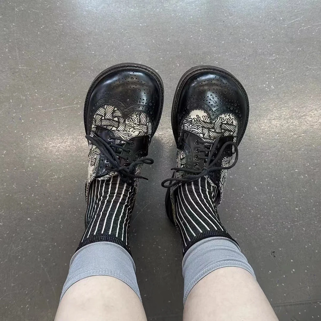 【胡UU】丝印花案拼接英伦雕花设计感小皮鞋31201-1-3-t