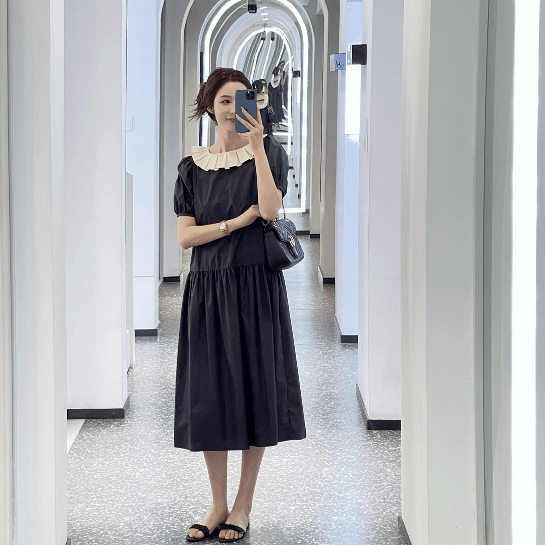 【胡UU】韩系大翻领拼接显瘦赫本风连衣裙347-1-f