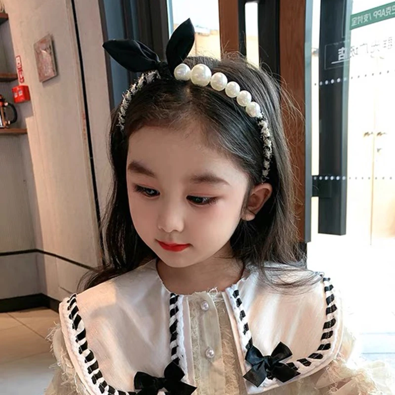 女童小香风小兔耳朵发箍法式韩版短发头箍珍珠简约少女头饰网红