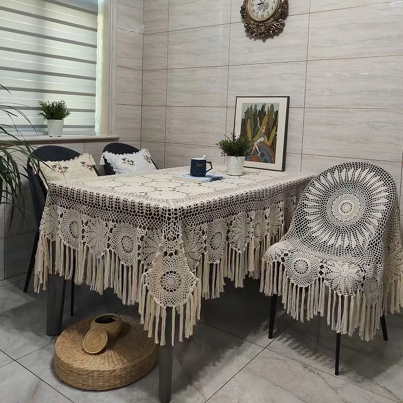 双花流苏桌布手工钩针钩花棉线编织镂空盖布餐桌茶几布