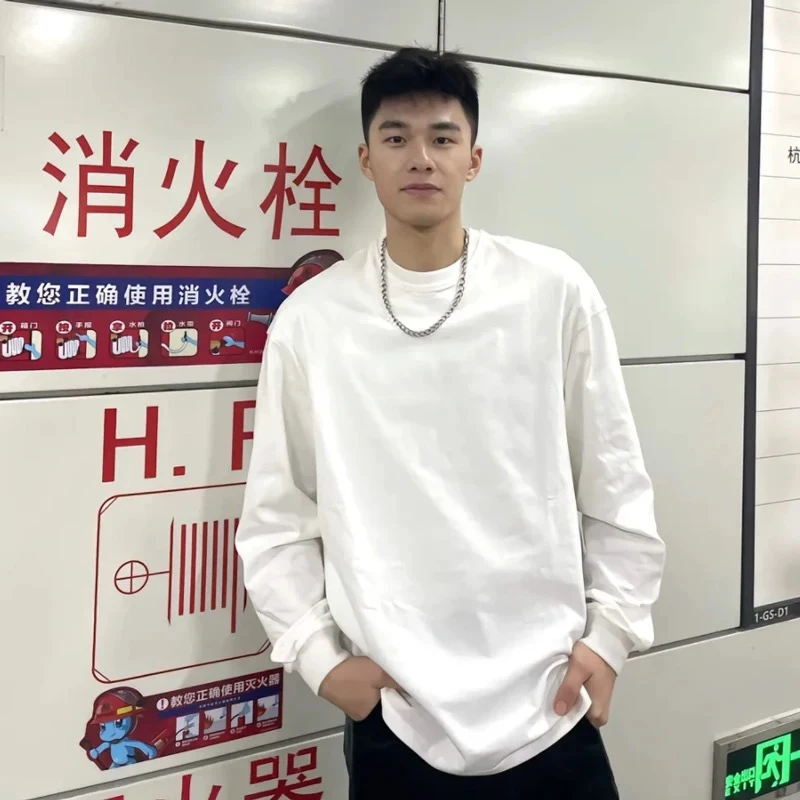 2024新款秋天穿搭美式纯棉重磅质感男装长袖T恤高级感圆领打底衫
