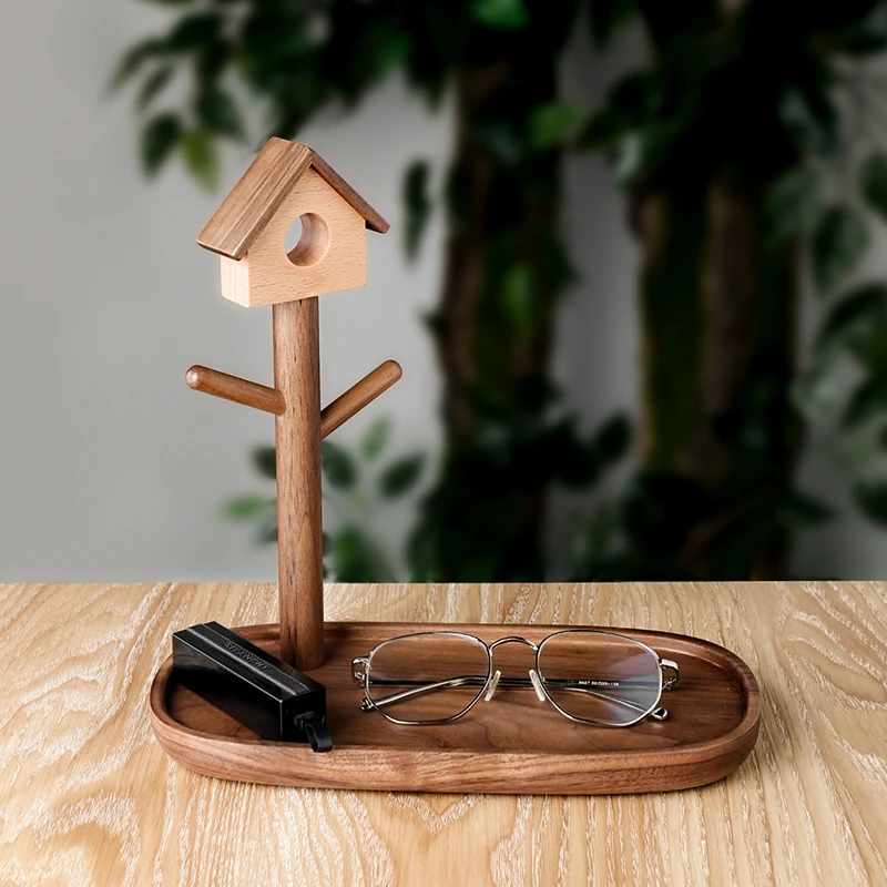 实木树屋玄关收纳托盘挂钩 桌面装饰摆件 进门口自然森系钥匙收纳