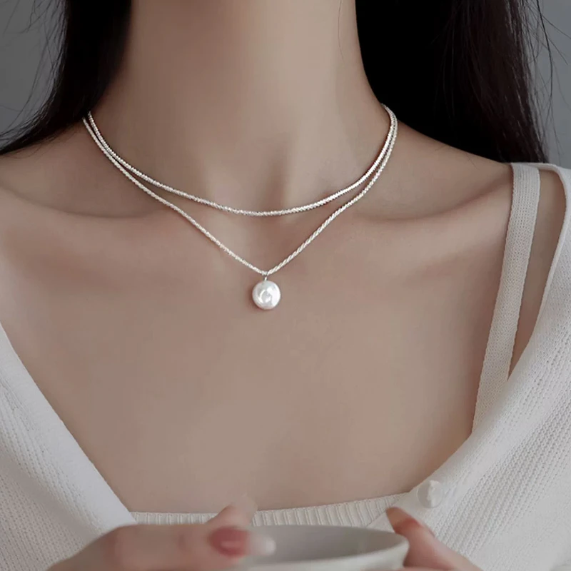 坠链均925银 纯银贝珠项链女时尚轻奢气质双层锁骨链配饰网红爆款