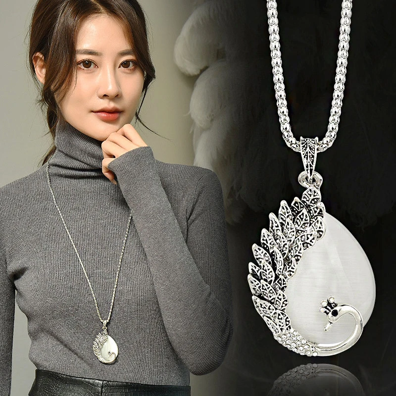 铜合金项链 复古猫眼石孔雀项链高档女百搭长款毛衣链时尚配饰品