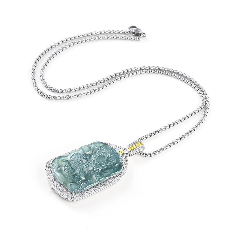 高档天然a货翡翠冰种蓝水龙腾四海S925银镶龙牌玉石吊坠男女挂件