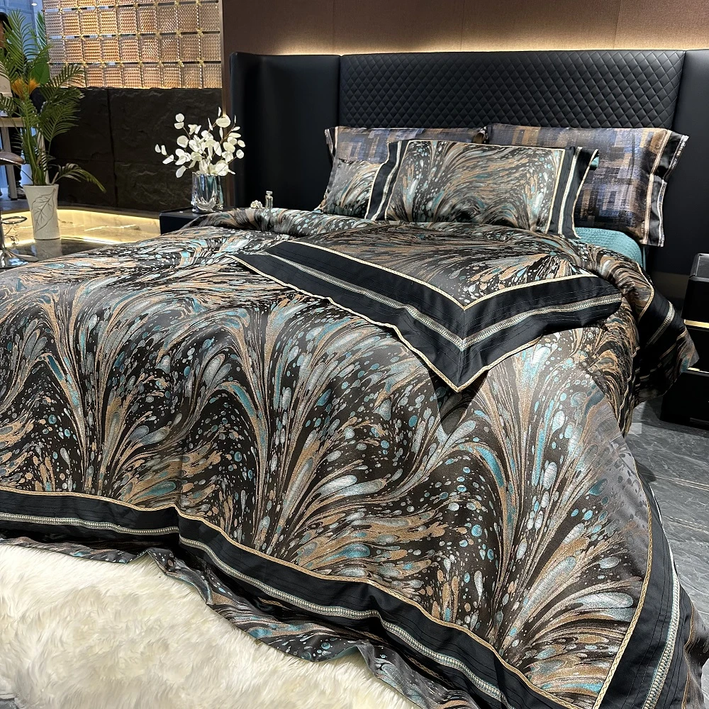 高端别墅设计师手绘色织提花真丝床盖四件套欧式床上用品