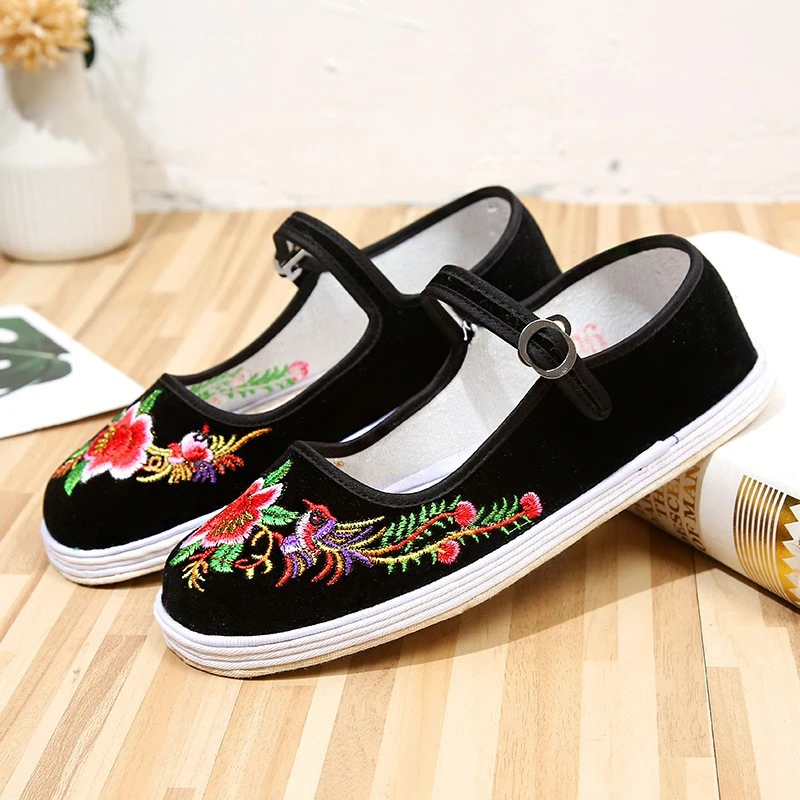 千层底手工绣花布鞋女春秋季浅口透气舒适软底防滑一字搭扣汉服鞋