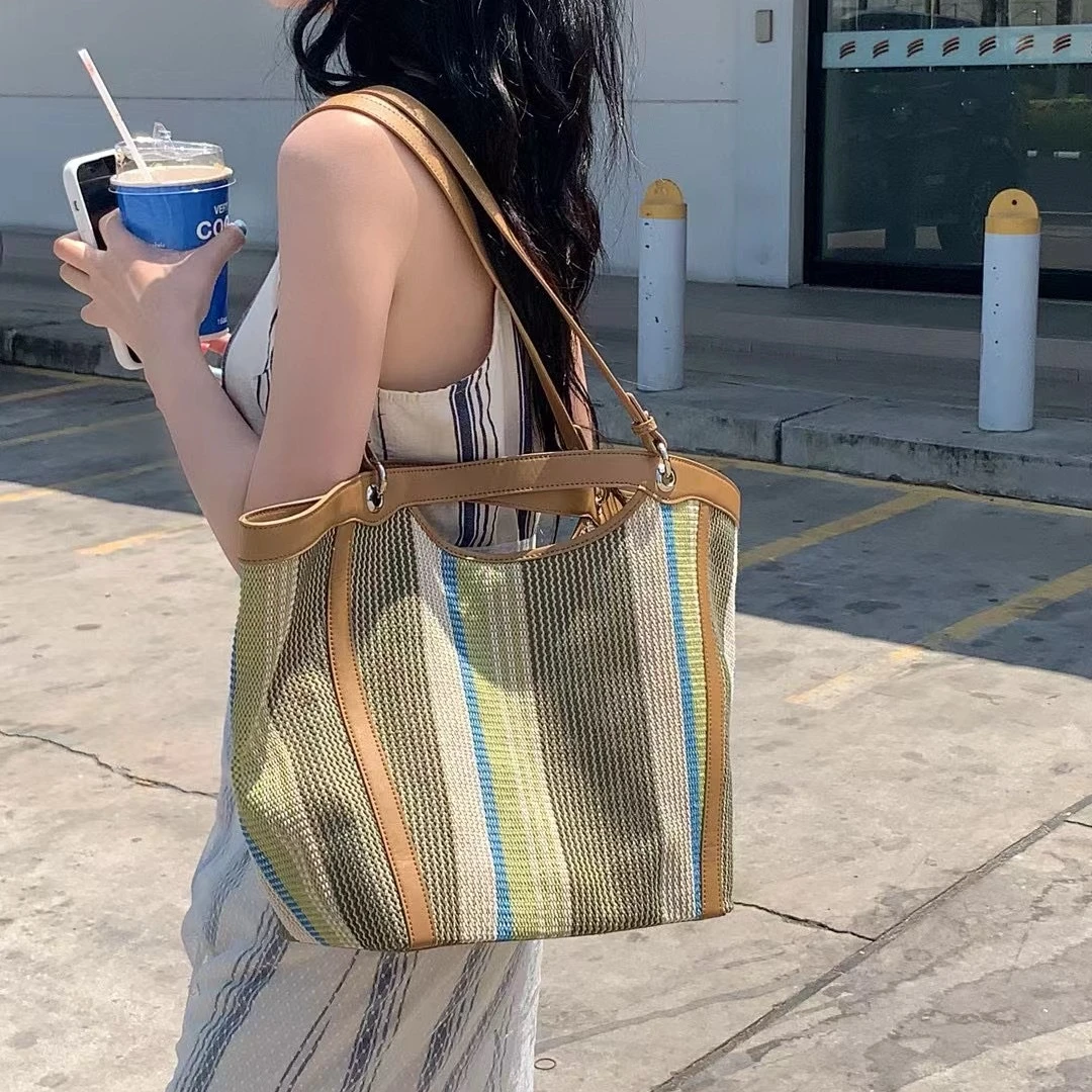 2024新款欧货网红洋气手提包拉菲编织包简约大容量撞色腋下单肩包