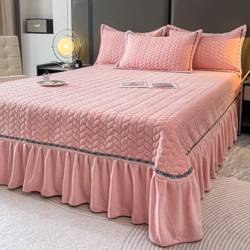 秋冬新款多功能 牛奶绒花边款床盖可机洗防滑不跑床加厚床单床罩