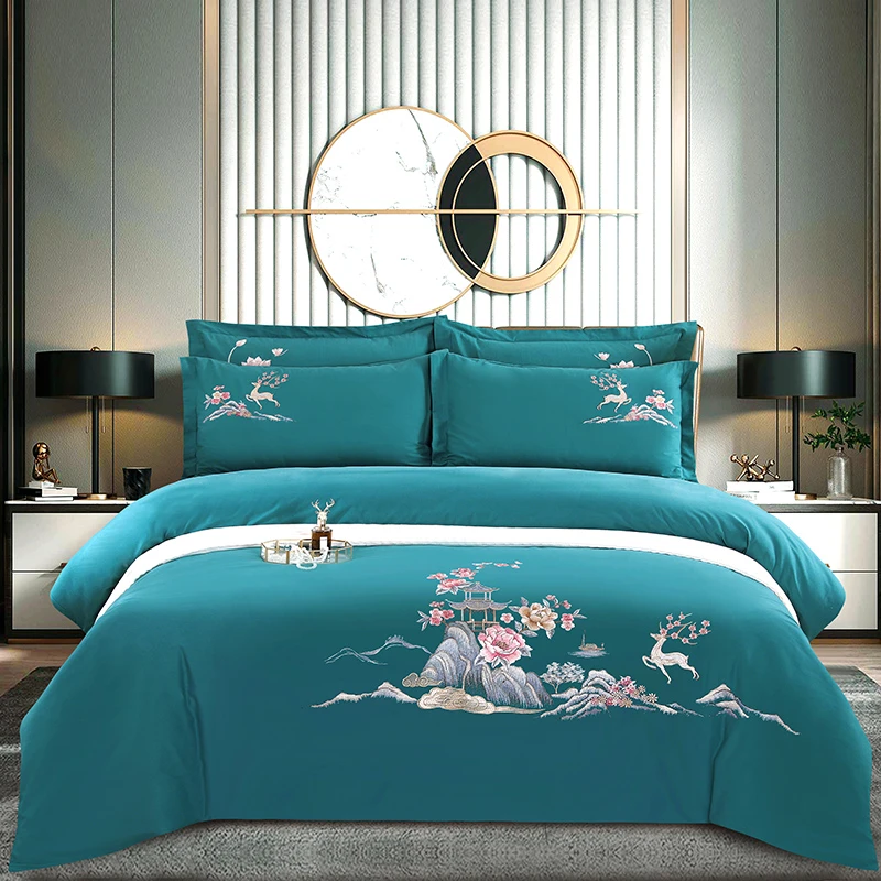 全棉 轻奢简约刺绣 纯色长绒棉 高档四季款床笠床单被套 四件套