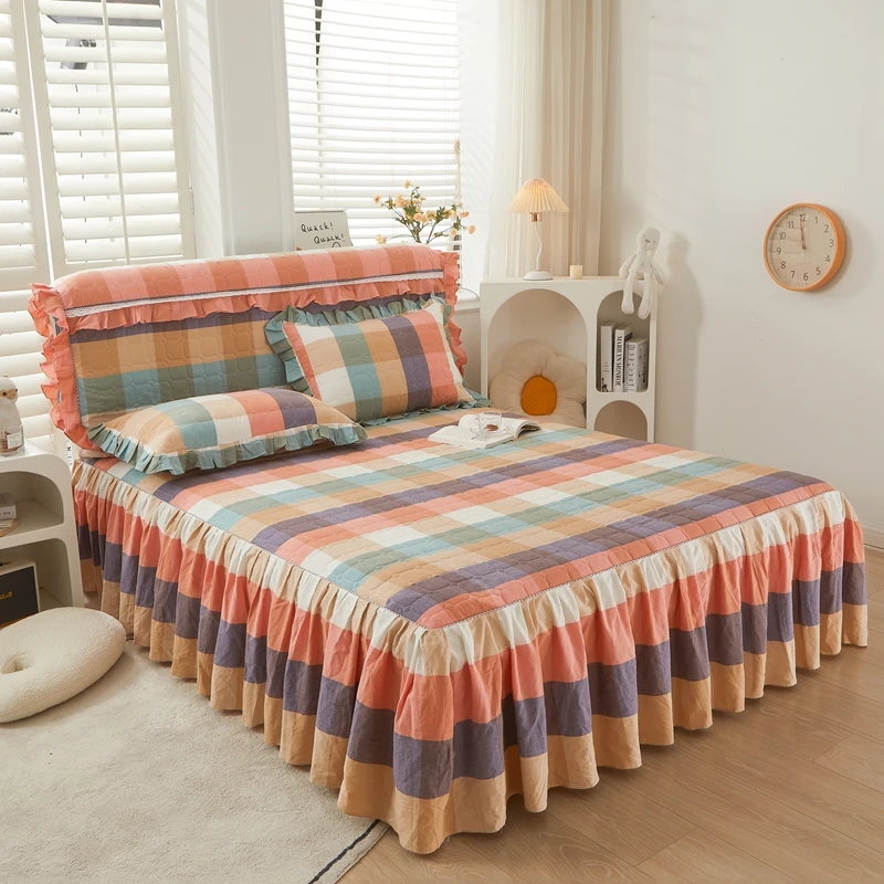 全棉水洗棉格子加棉床裙单件加厚纯棉床罩带裙边床单床套四季通用