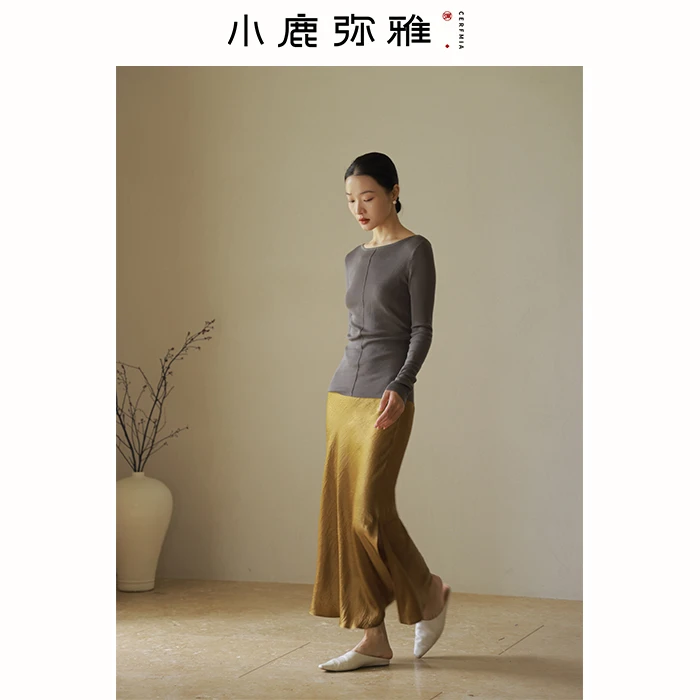 小鹿弥雅 进店必入！基础百搭新中式简约开叉小鱼尾醋酸半身裙