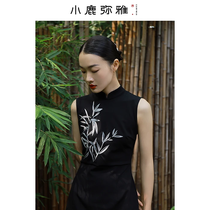 小鹿弥雅《竹》系列新中式竹子刺绣旗袍无袖小黑裙旗袍连衣长裙