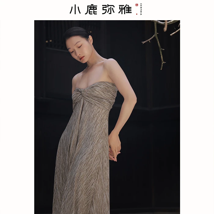 小鹿弥雅《曲水》小众设计针织棉抹胸长裙夏