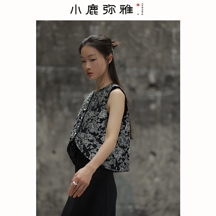 小鹿弥雅《繁花》原创新中式提花无袖短款背心马甲