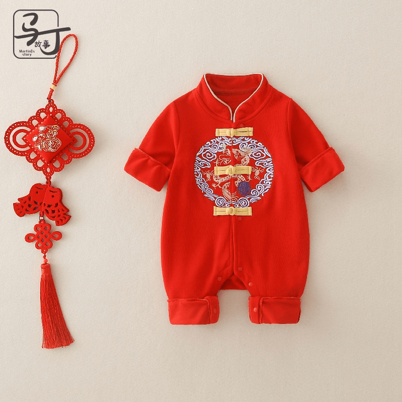 婴儿拜年服冬季连体衣中式立领女宝宝暖气房薄款周岁喜庆过年衣服