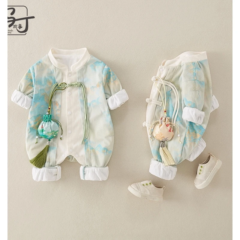 满月婴儿秋装连体衣男女宝中国风周岁礼服百岁宴汉服春秋百天衣服