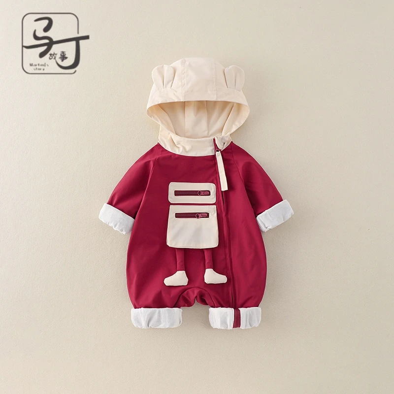 初生婴儿春秋装连体衣新生宝宝秋季双层套装连帽哈衣满月外出衣服