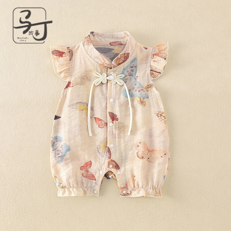 满月婴儿衣服夏装连体衣中国风女宝宝荷花短袖哈衣周岁夏季爬爬服
