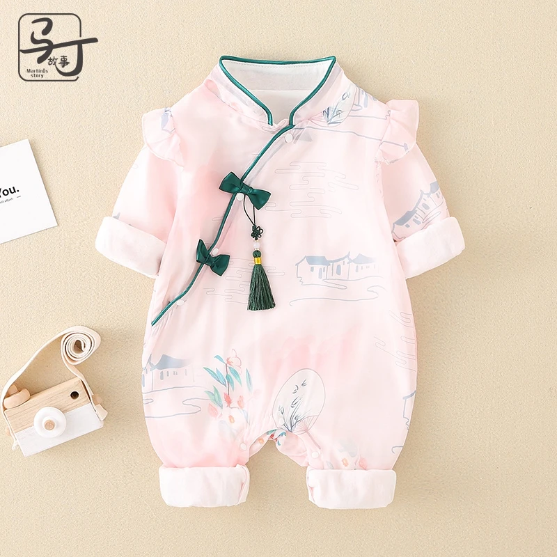 婴儿衣服秋装连体衣女宝宝公主超萌旗袍周岁百天礼服套装春秋唐装