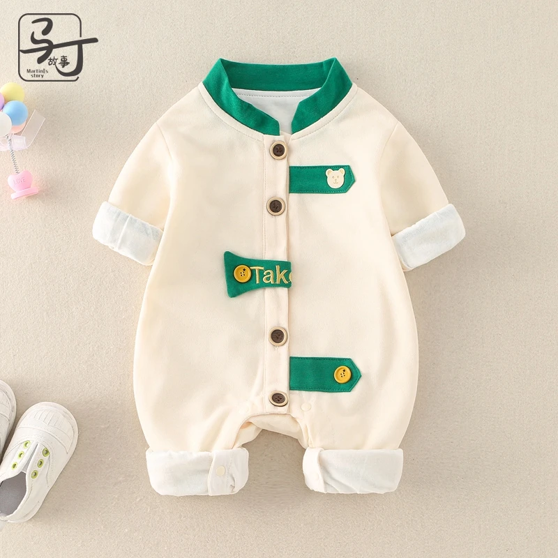 婴儿衣服春装外套6男宝宝洋气纯棉连体衣外出服春秋抱衣满月套装9