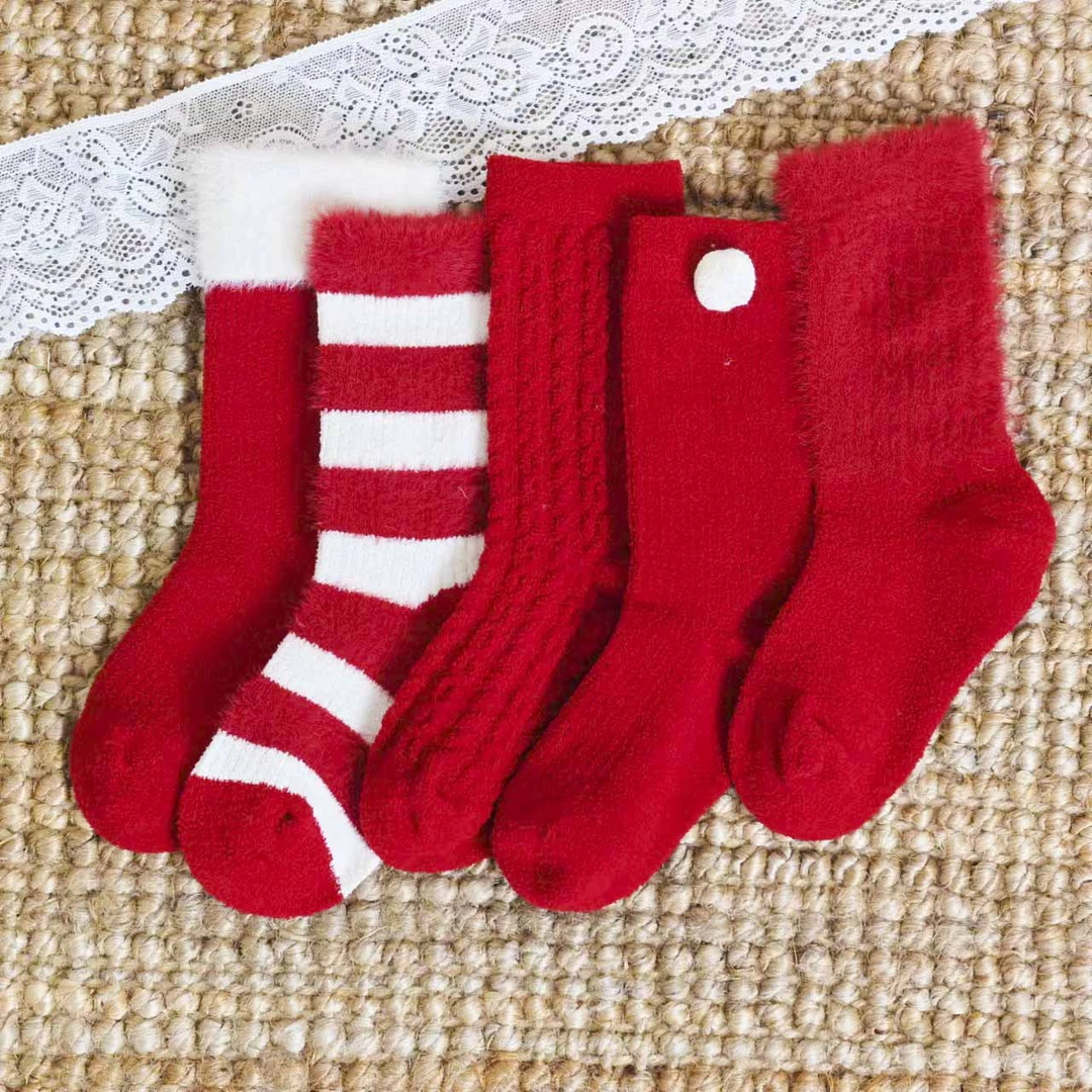 秋冬季女童袜子秋冬红色新款加厚保暖儿童大红新年袜儿童中筒棉袜