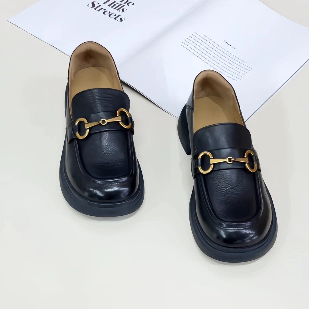 百美优品2024新款英伦风马衔扣厚底圆头真牛皮女乐福鞋韩版小皮鞋