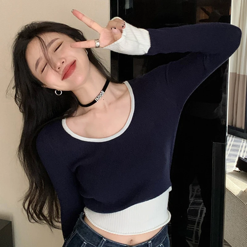 辣妹风超ins撞色针织打底衫内搭修身显瘦设计感小众圆领上衣女装