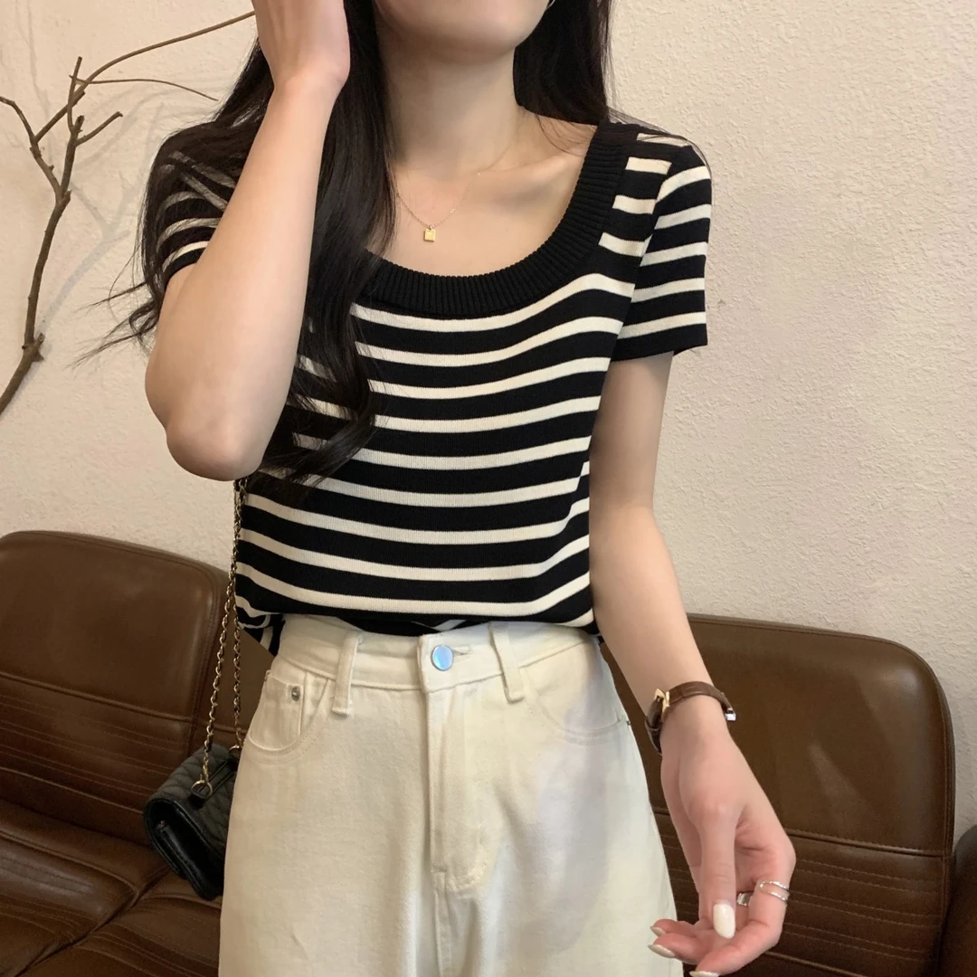 法式大u领条纹针织正肩方领短袖T恤女夏季设计感小众短款锁骨上衣