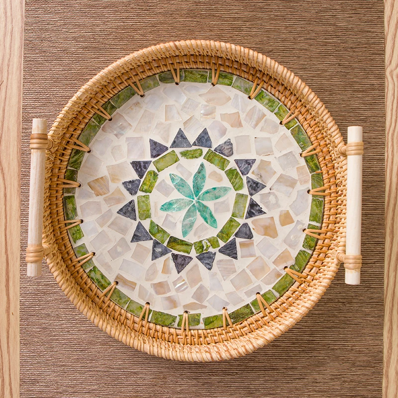 藤编向日葵嵌贝提耳托盘小号件套