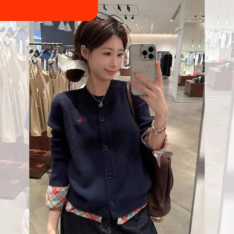撞色拼接假两件蓝色针织开衫外套女早秋季设计感小众外穿短款毛衣
