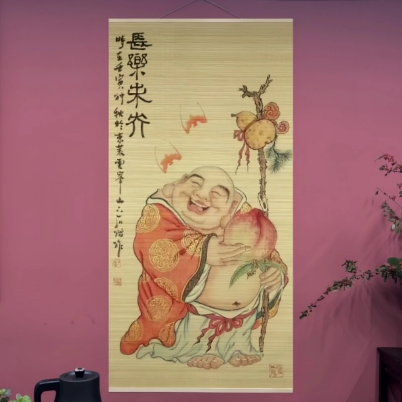 弥勒佛与寿星公竹编工艺画玄关客厅中堂免打孔竹子挂画招财长寿