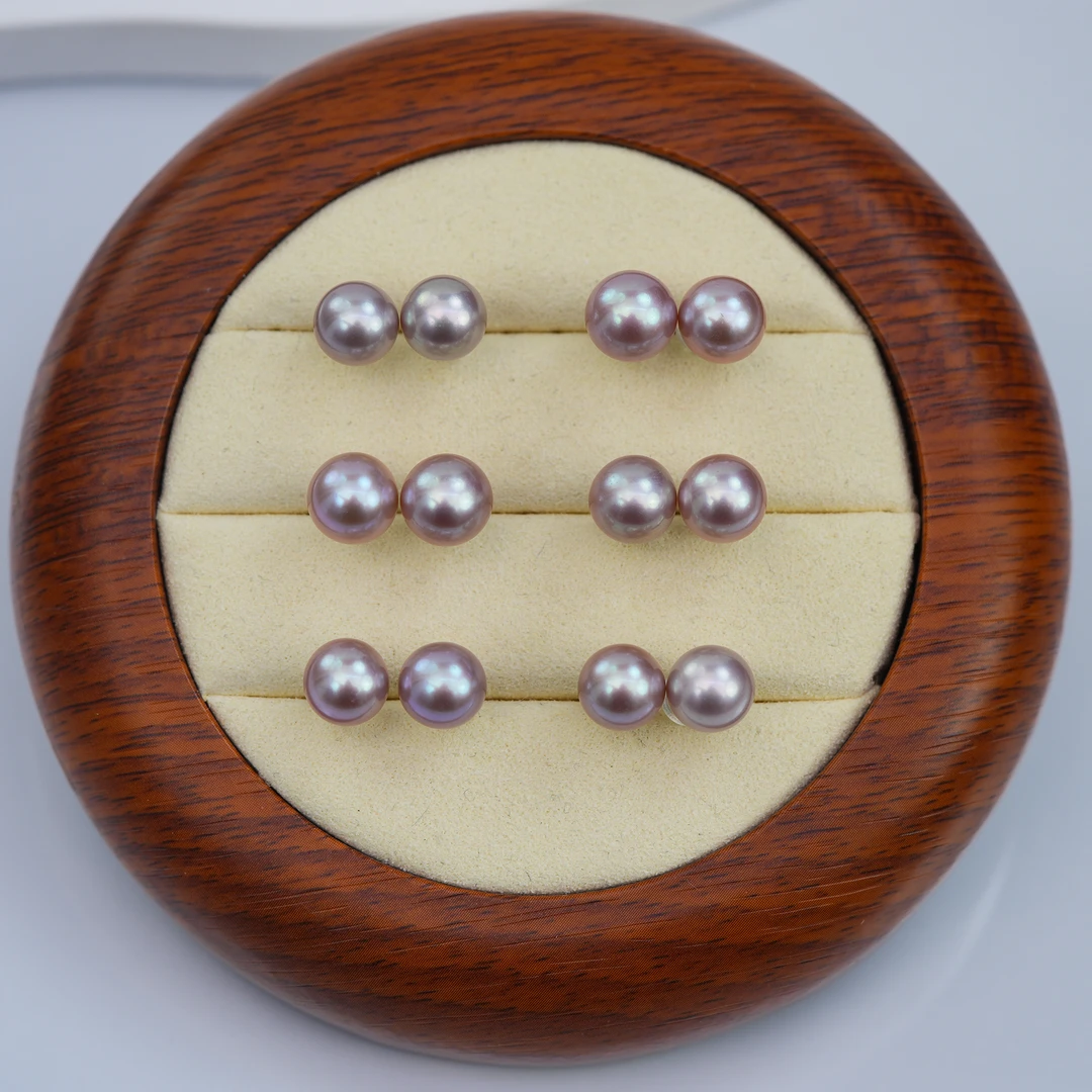 强光淡水紫色珍珠空姐素耳钉耳饰s925银9-10mm多样性发1