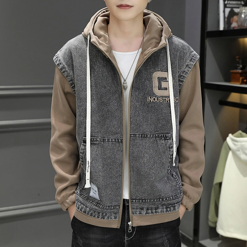 假两件拼接牛仔外套男士夹克春秋季潮流男装2024新款休闲秋装衣服