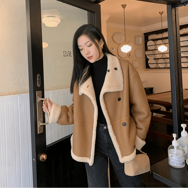 MSBEAST 进口美利奴皮毛一体复古廓形羊羔毛皮草外套女双面穿翻领
