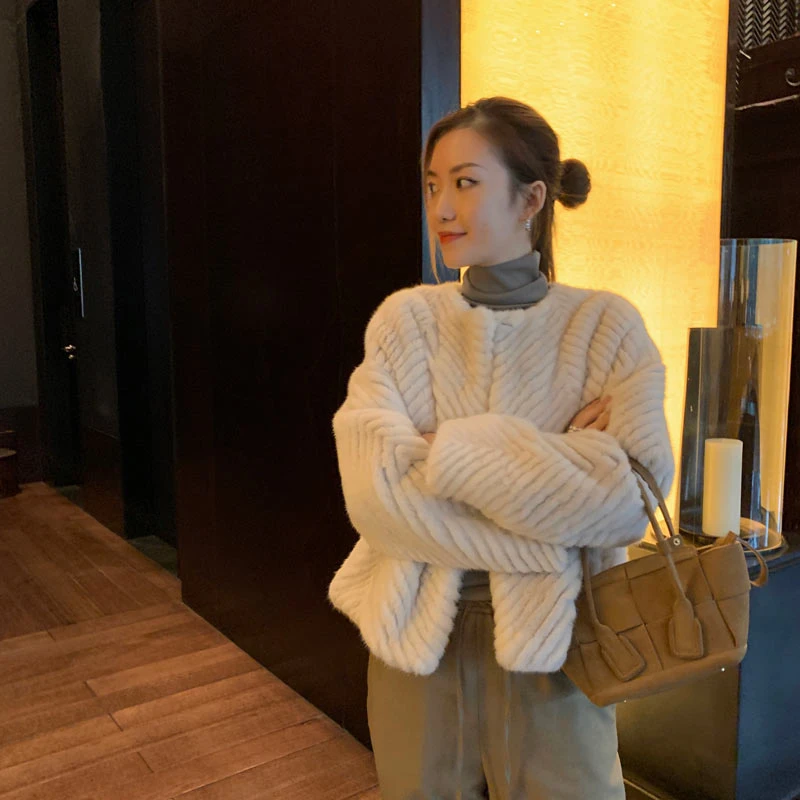 MSBEAST野兽小姐 人字夹革 进口貂皮大衣女整貂水貂皮草外套圆领