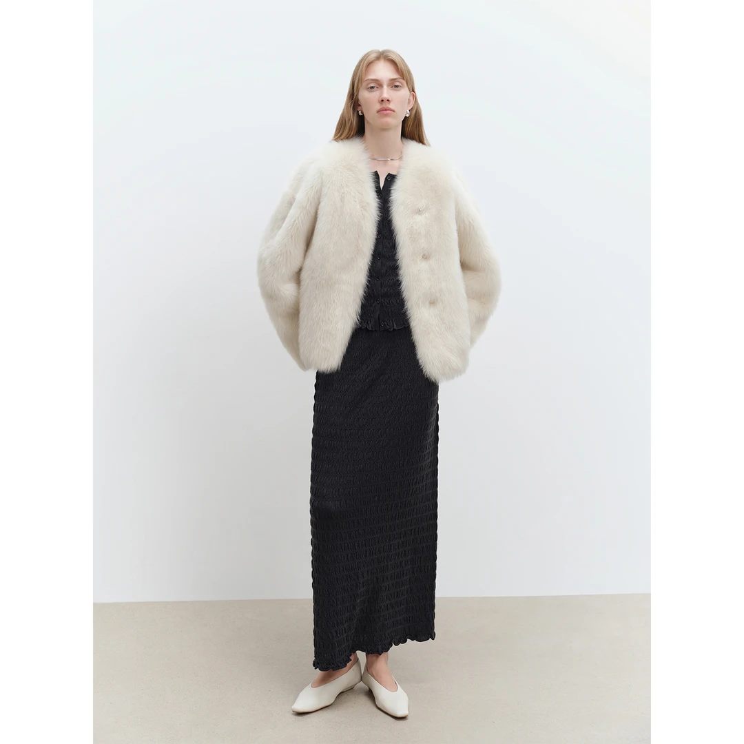 MSBEAST及简主义 进口皮毛一体女V领蝙蝠袖廓形皮草外套N74008