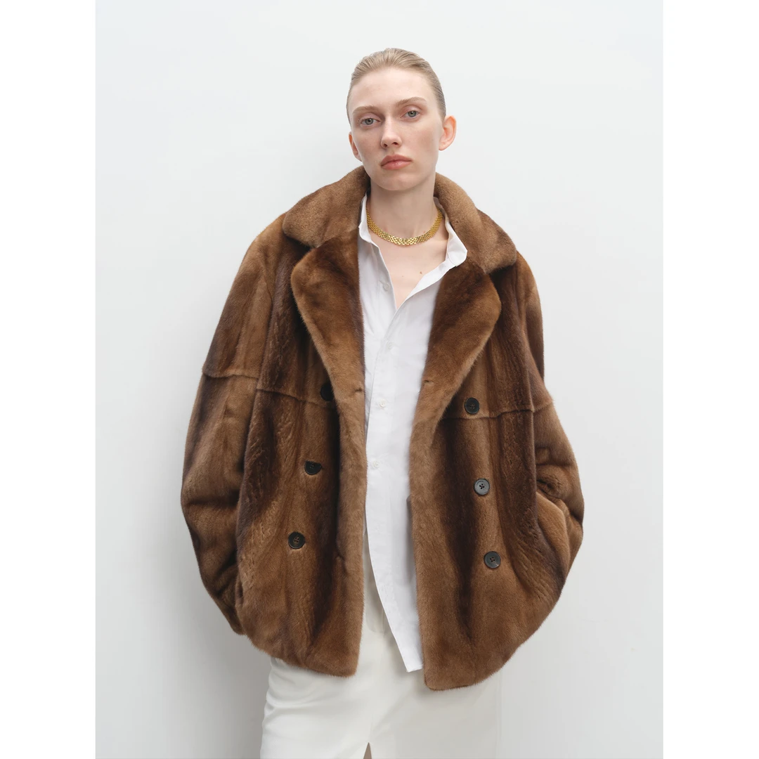 MSBEAST智性老钱双排扣西装领垫肩天鹅绒水貂皮草外套丨歌剧魅影