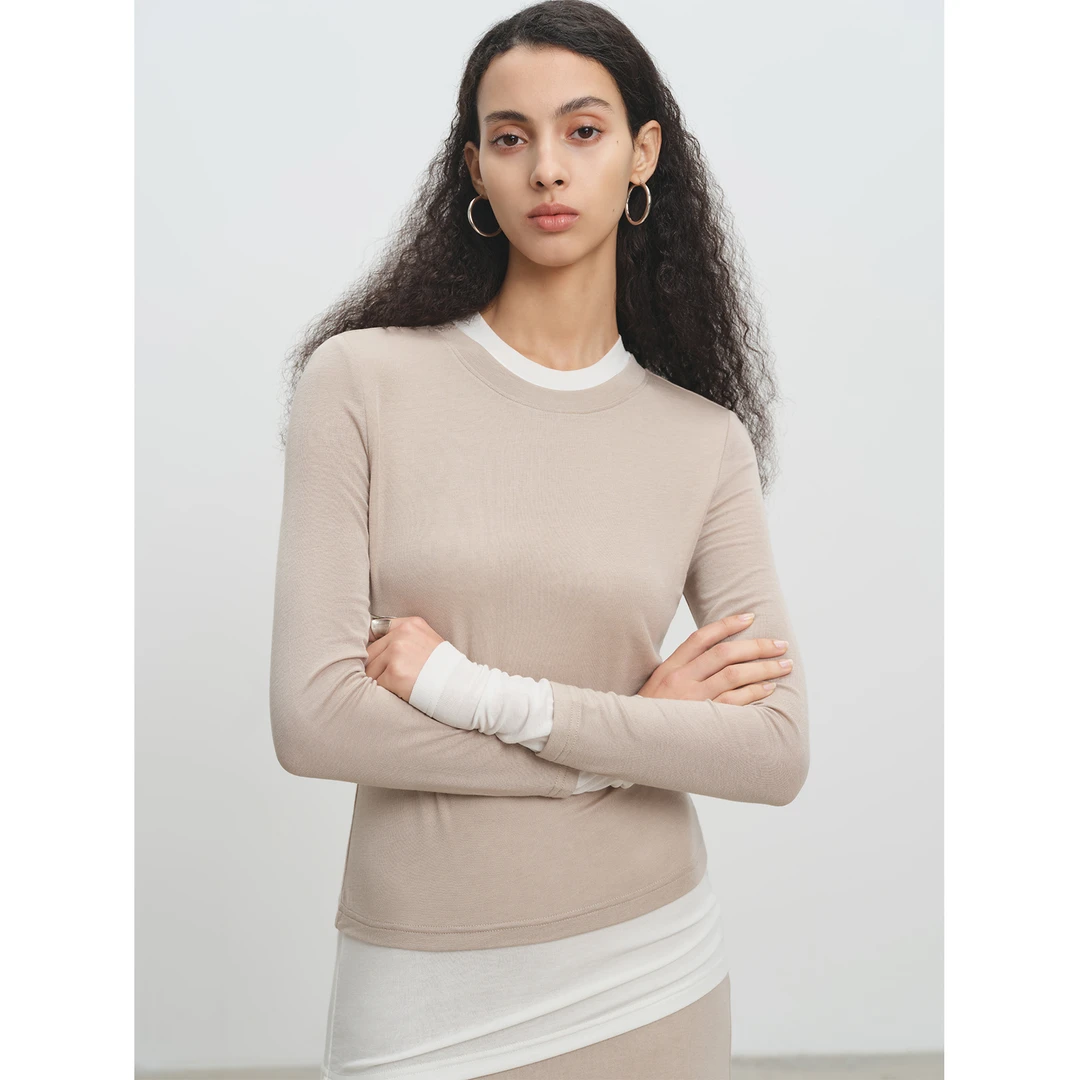 MSBEAST重磅敲亲肤天丝羊绒纱 时髦假两件套撞色修身T恤/直筒半裙