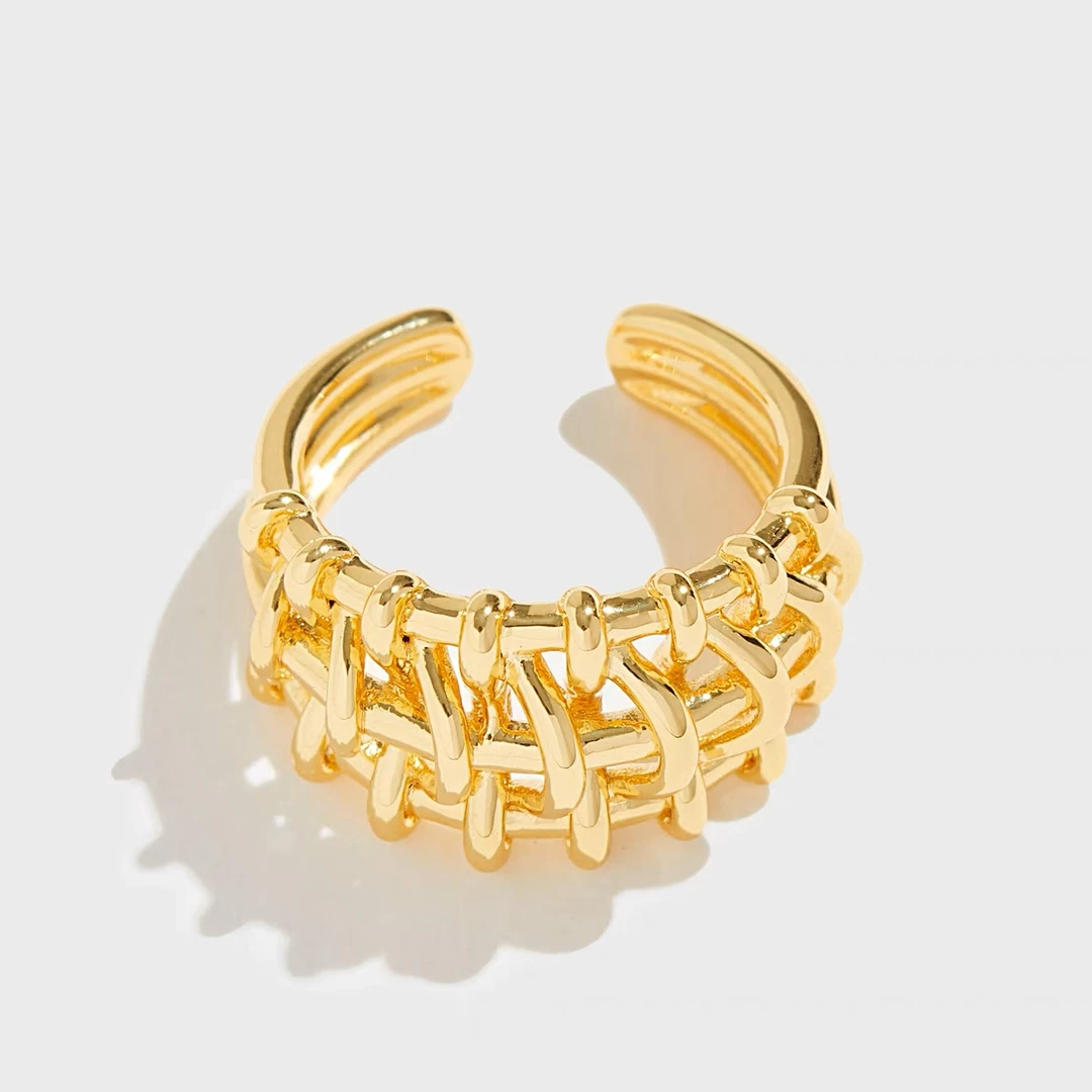 Wens/吻斯 铜合金戒指 明星同款简约百搭编织格戒指开口金色