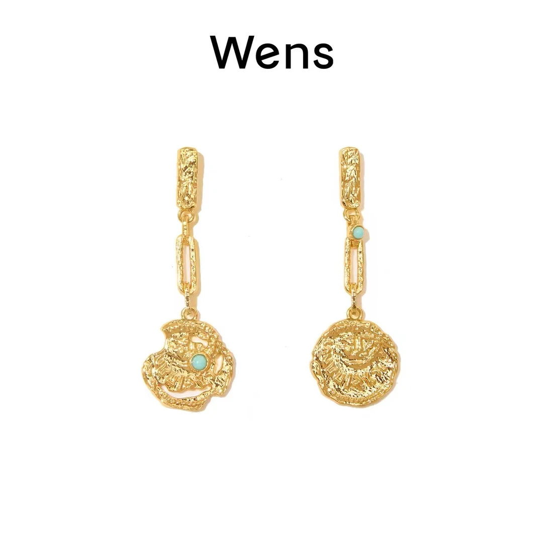 Wens/吻斯 铜合金耳饰 明星同款复古精致金币不对称镶石耳环