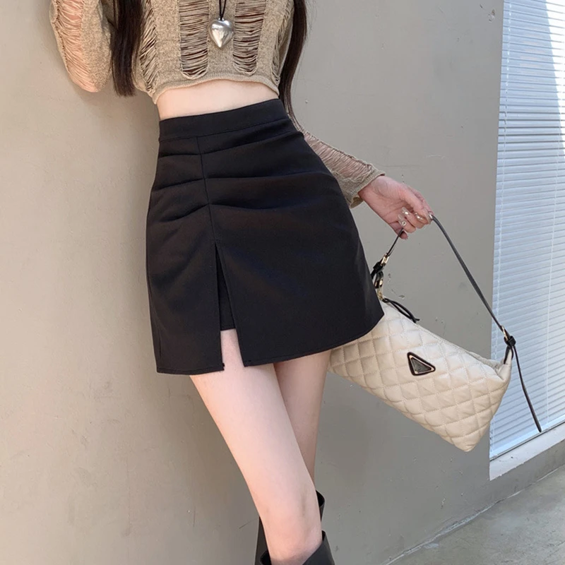 黑色开叉半身裙女春夏秋2024新款高腰小个子包臀裙不规则a字短裙