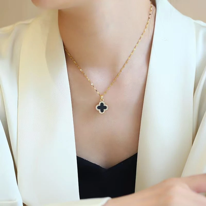 LOVSKAYA/泺卡亚 钛钢项链 A078精致璀璨闪亮微镶黑白双面四叶草