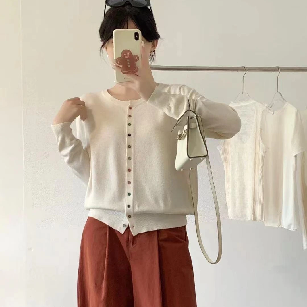 秋款圆领气质百搭时尚显瘦套头纽扣长袖毛衣打底针织衫-sy6335