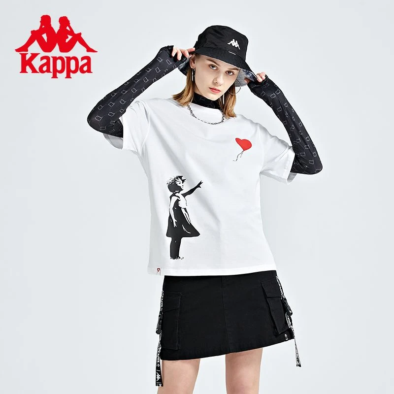 卡帕kappa短袖夏女印花运动白色时尚T恤休闲圆领半袖K0C42TD03G
