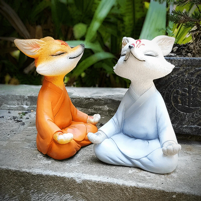 坐禅白狐打坐小狐狸多肉盆景装饰阳台花园庭院造景汽车装饰小摆件